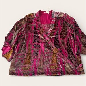 Anthropologie Floreat Japonica Wrap Silk Blend Crushed Velvet Bell Sleeve Blouse